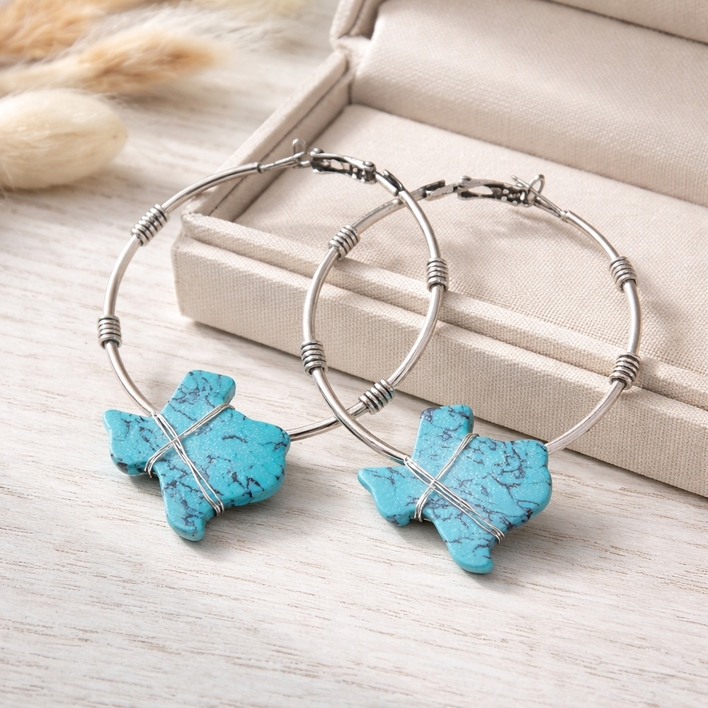 Turquoise Semi Stone State of Texas Map Hoop Earrings Silver Tone